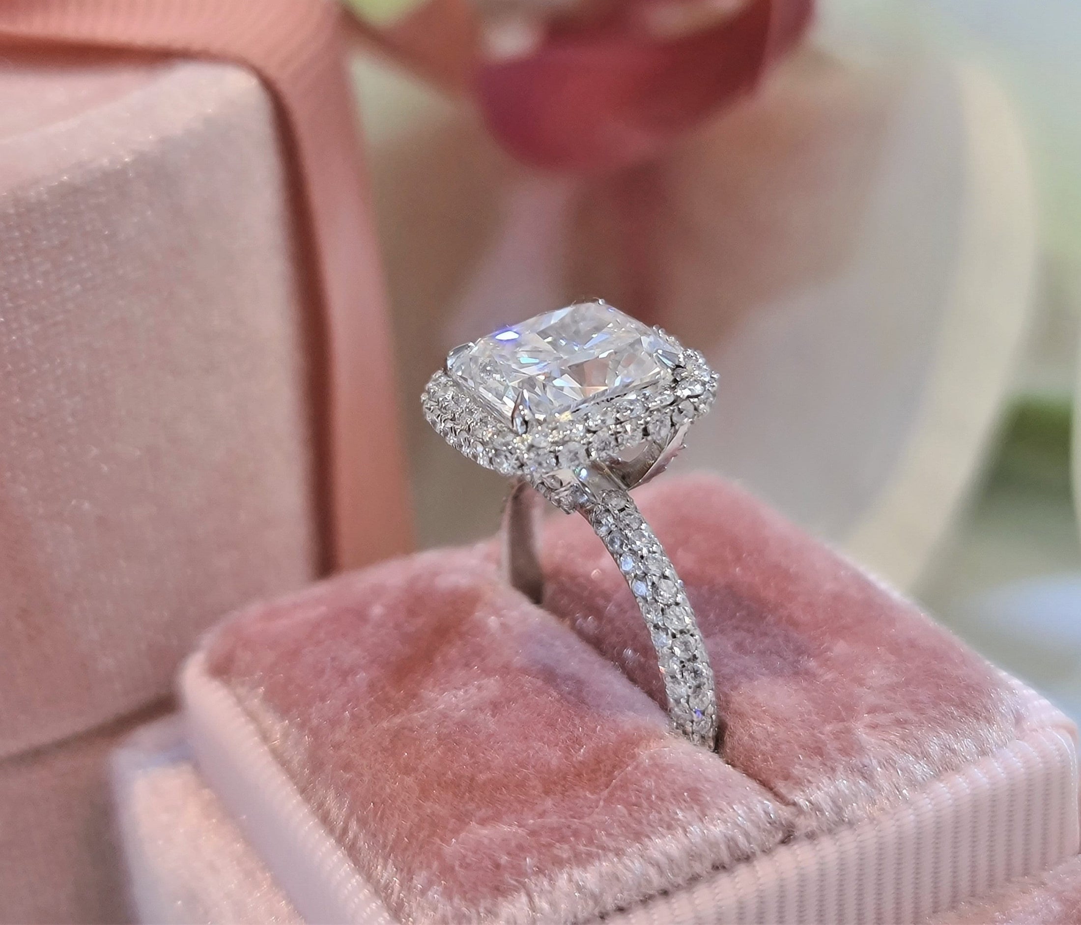 Radiant 3 CT Cushion Cut Lab-Grown Diamond Halo & Pave Engagement Ring