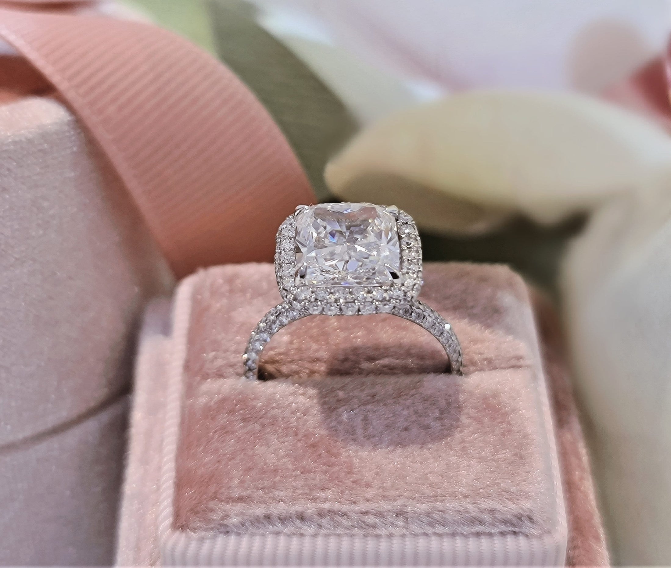 Radiant 3 CT Cushion Cut Lab-Grown Diamond Halo & Pave Engagement Ring