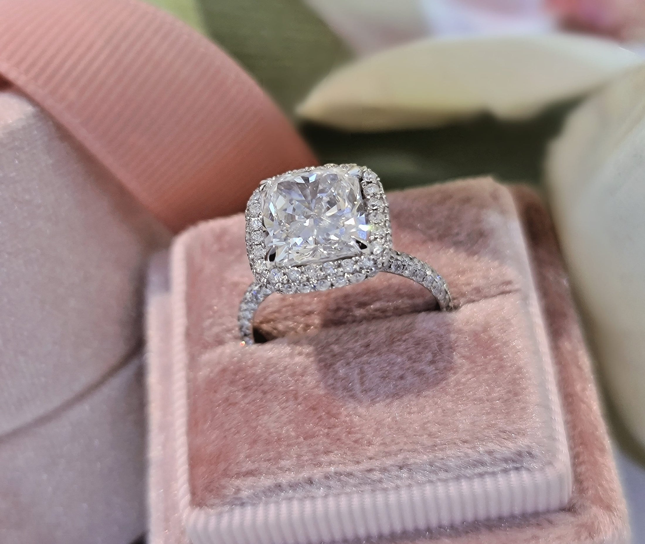 Radiant 3 CT Cushion Cut Lab-Grown Diamond Halo & Pave Engagement Ring