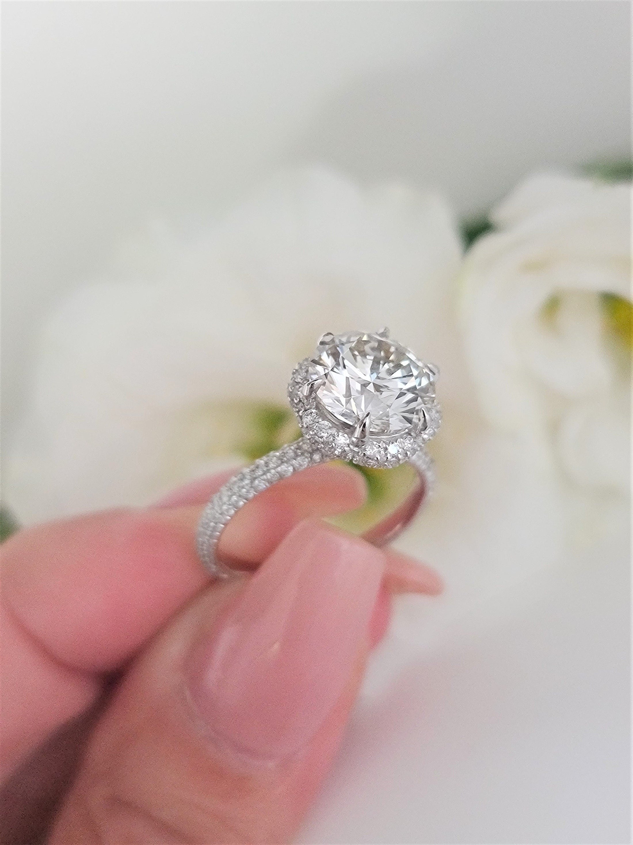 3 Carat Round Lab-Grown Diamond Hidden Halo Pave Engagement Ring