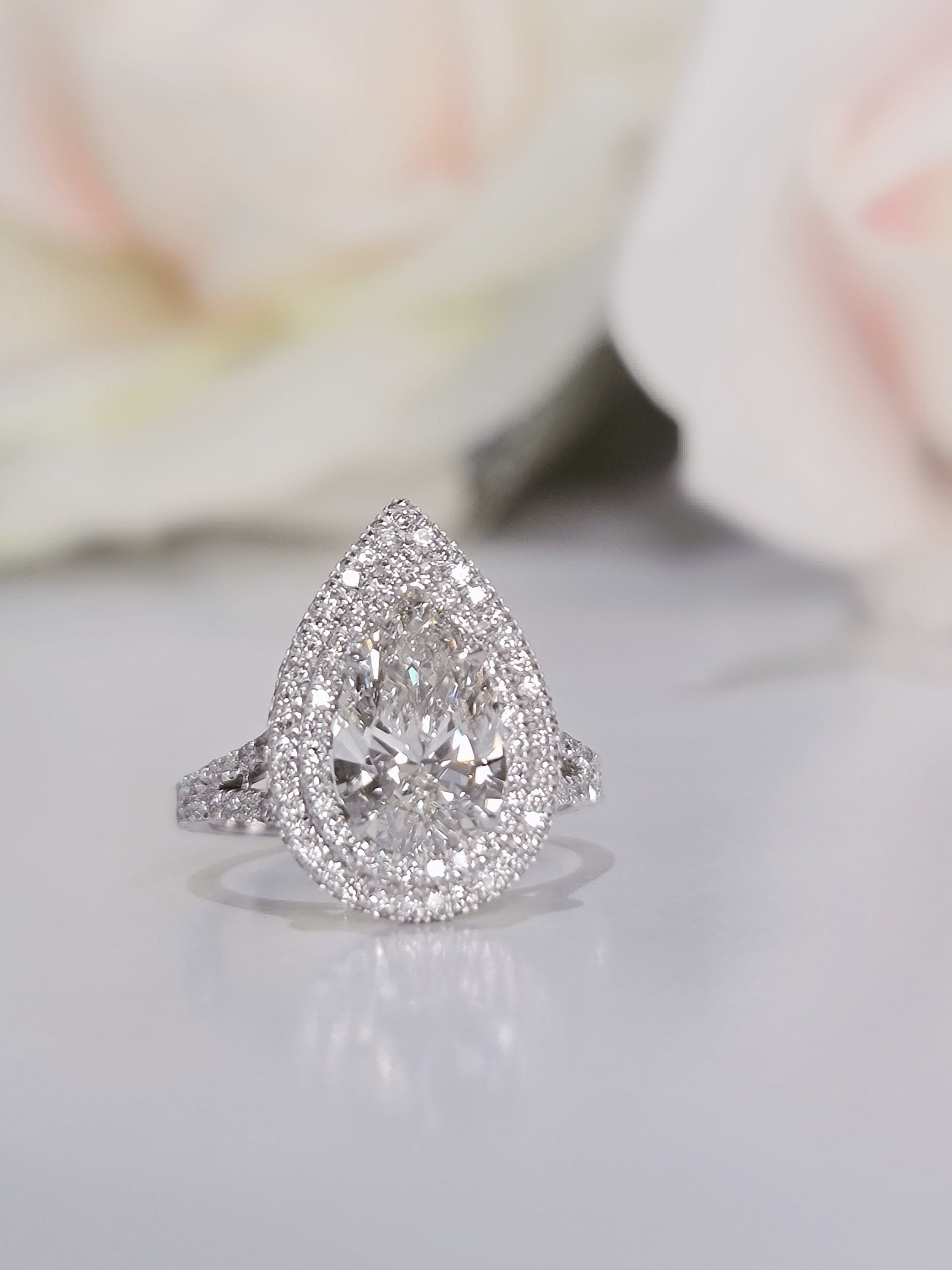 2.29 CT Pear Lab-Grown Diamond Double Halo Pave Engagement Ring