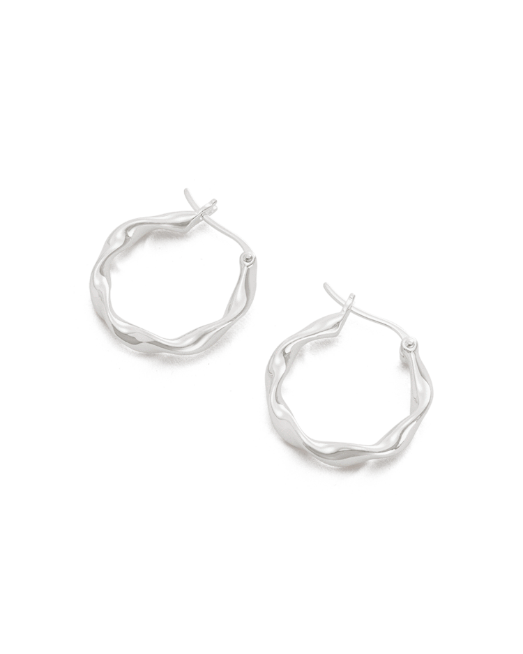 Silver Wave Textured Huggie Hoops Earrings 3