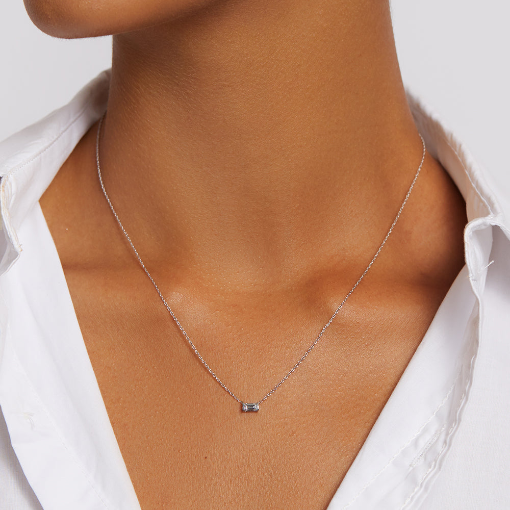 Elegant Silver Necklace with Lab-Created Baguette Diamond