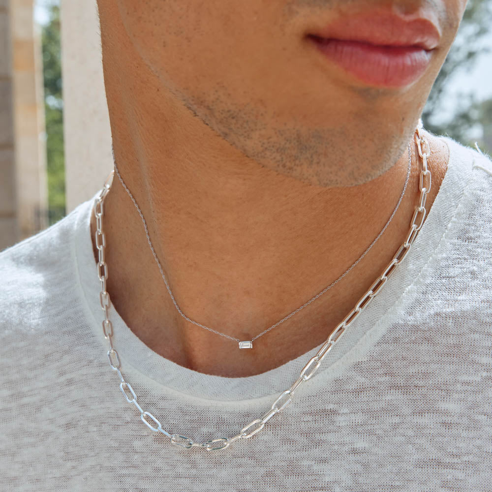 Elegant Silver Necklace with Lab-Created Baguette Diamond