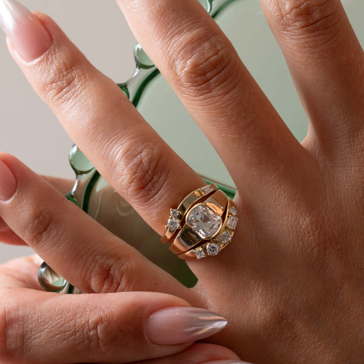 Solitaire & Half Bezel-1.56 CT Antique Cushion Lab Grown Diamond Engagement Ring