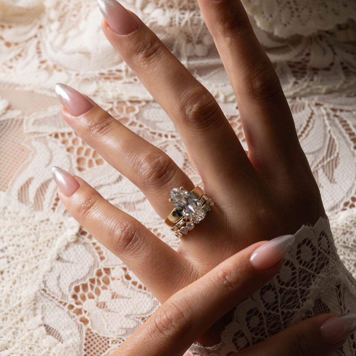 Solitaire & Tapered Wide Band-5.0 CT Antique Oval Lab Grown Diamond Engagement Ring