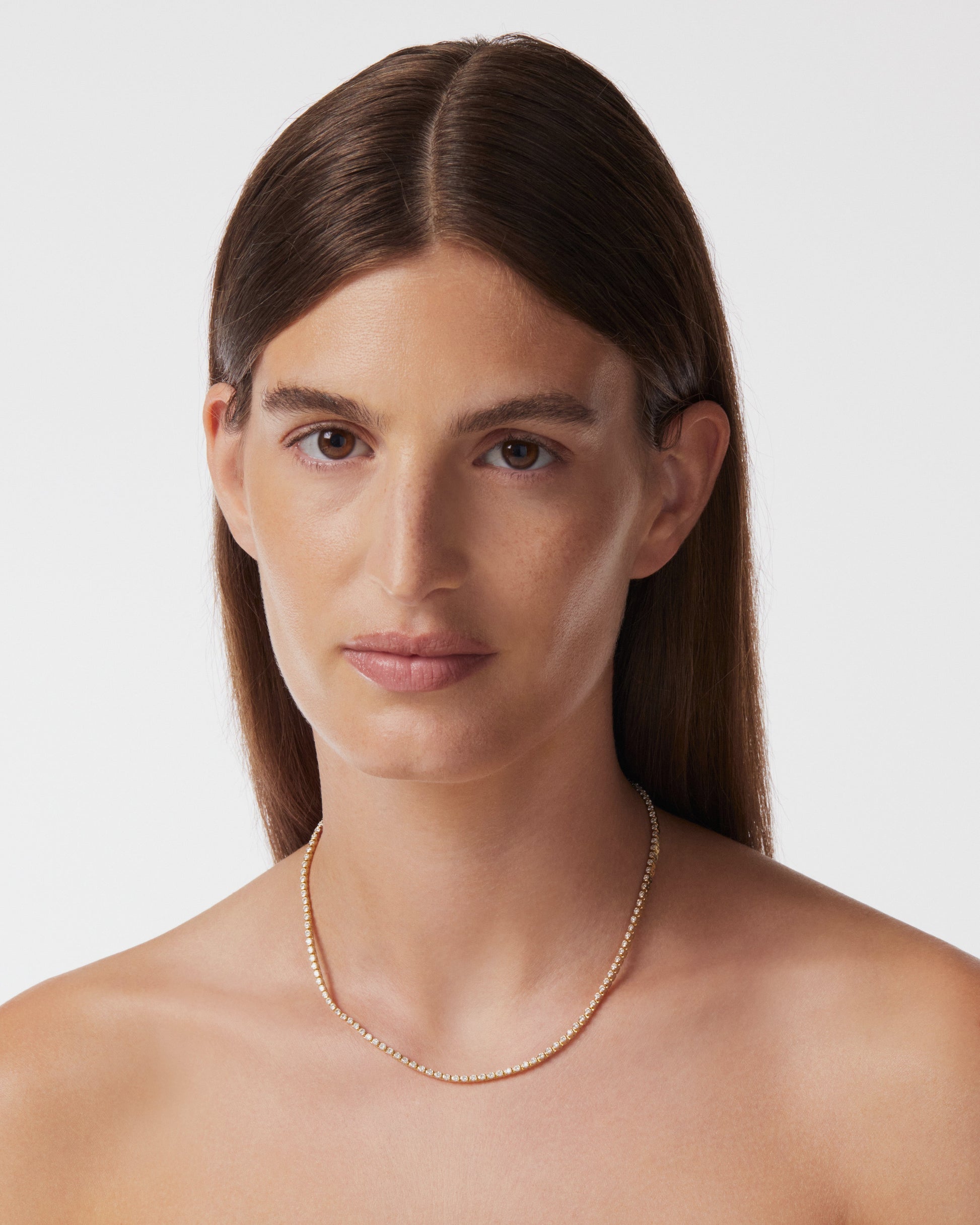 Radiant 3.0 TCW Round Cut Tennis Necklace in Gold 4