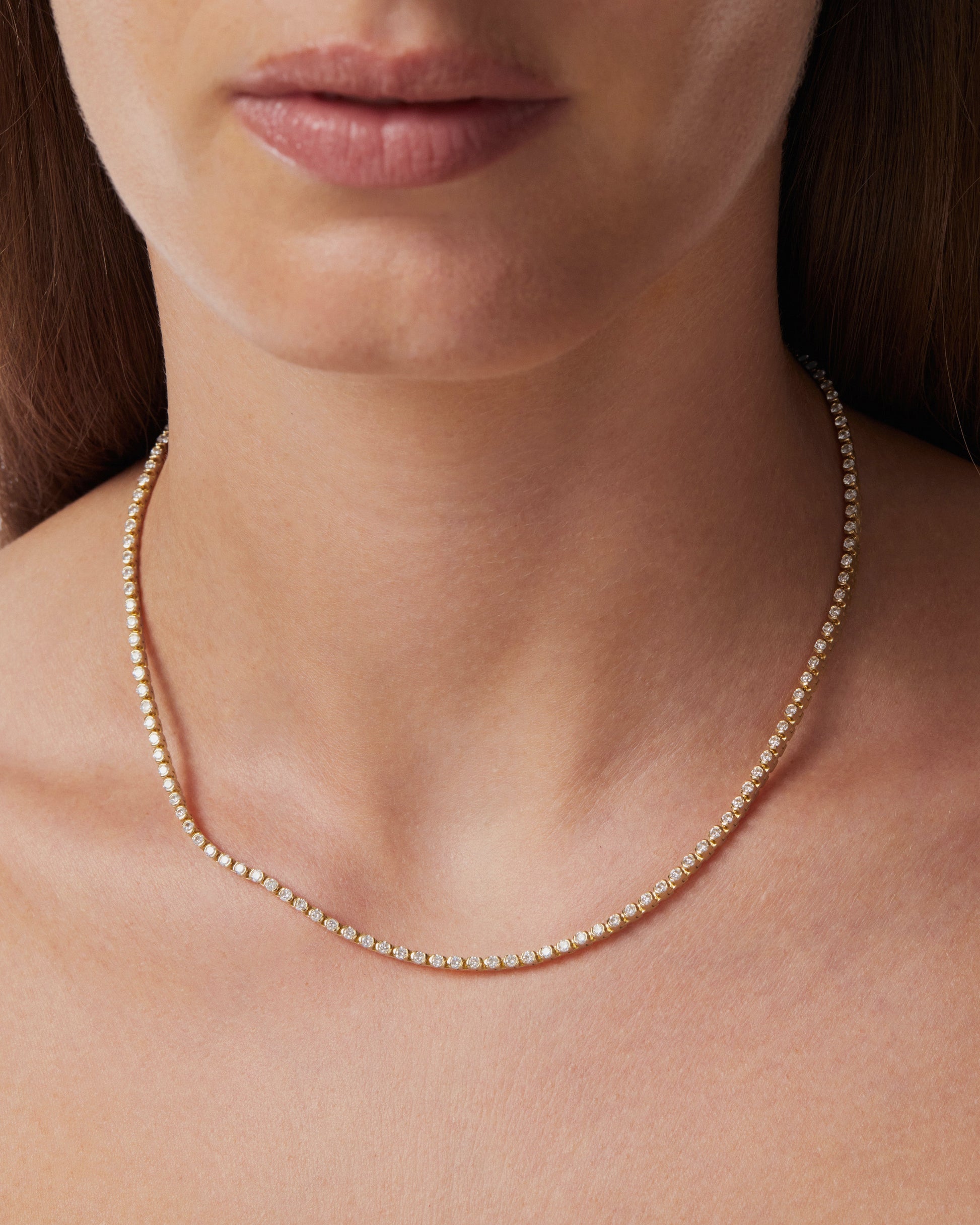 Radiant 3.0 TCW Round Cut Tennis Necklace in Gold 7