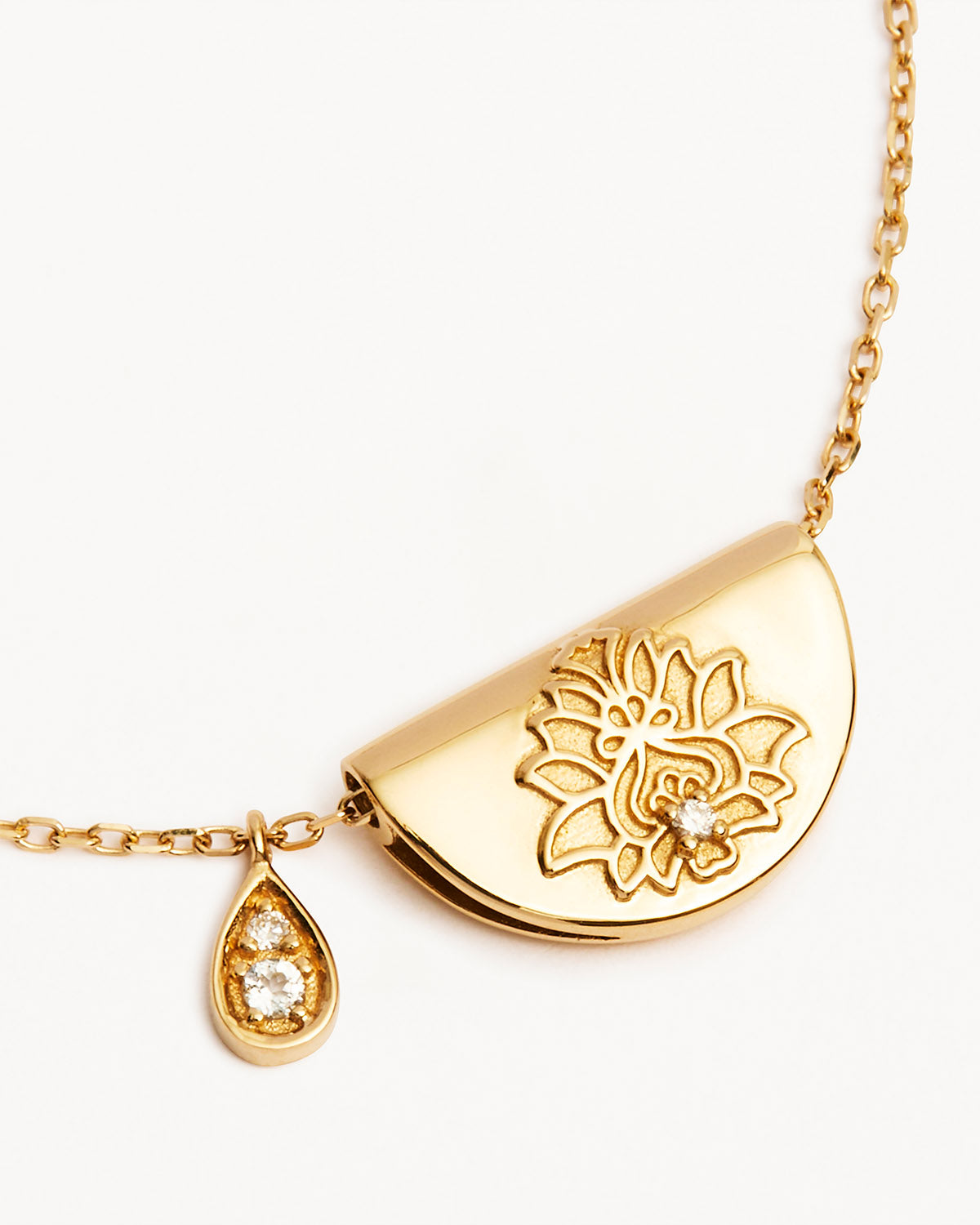 Golden Lotus Necklace with White Topaz - Lab Grown Diamond Accent for April Birthdays