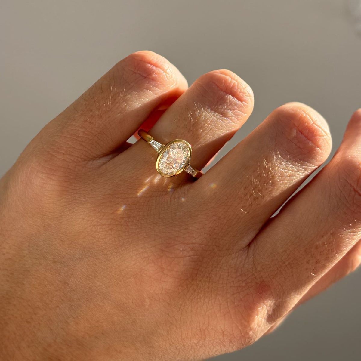 Bezel & Three Stone-Oval Lab Grown Diamond Engagement Ring