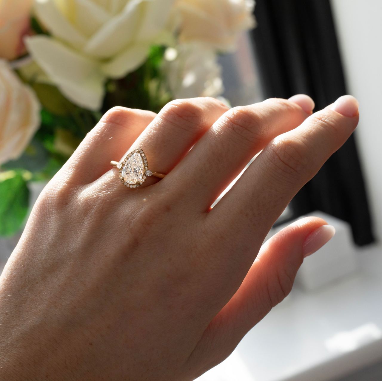 Halo & Three Stone-Pear Lab Grown Diamond Engagement Ring