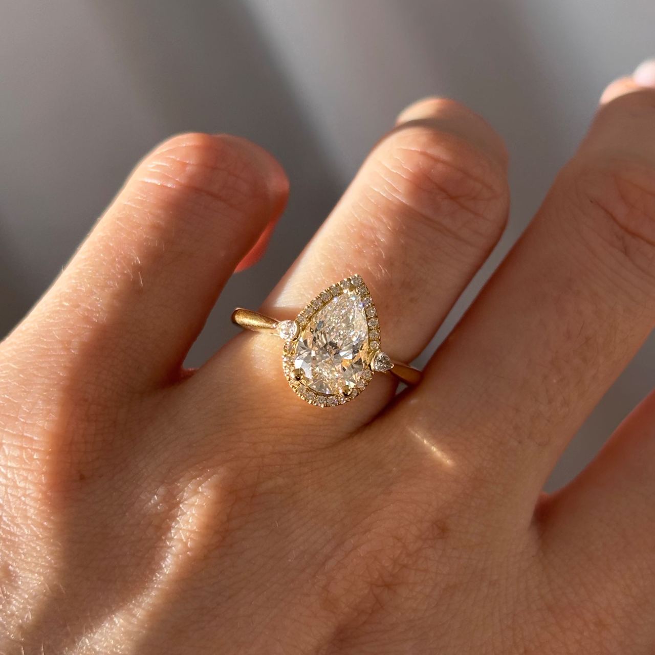 Halo & Three Stone-Pear Lab Grown Diamond Engagement Ring