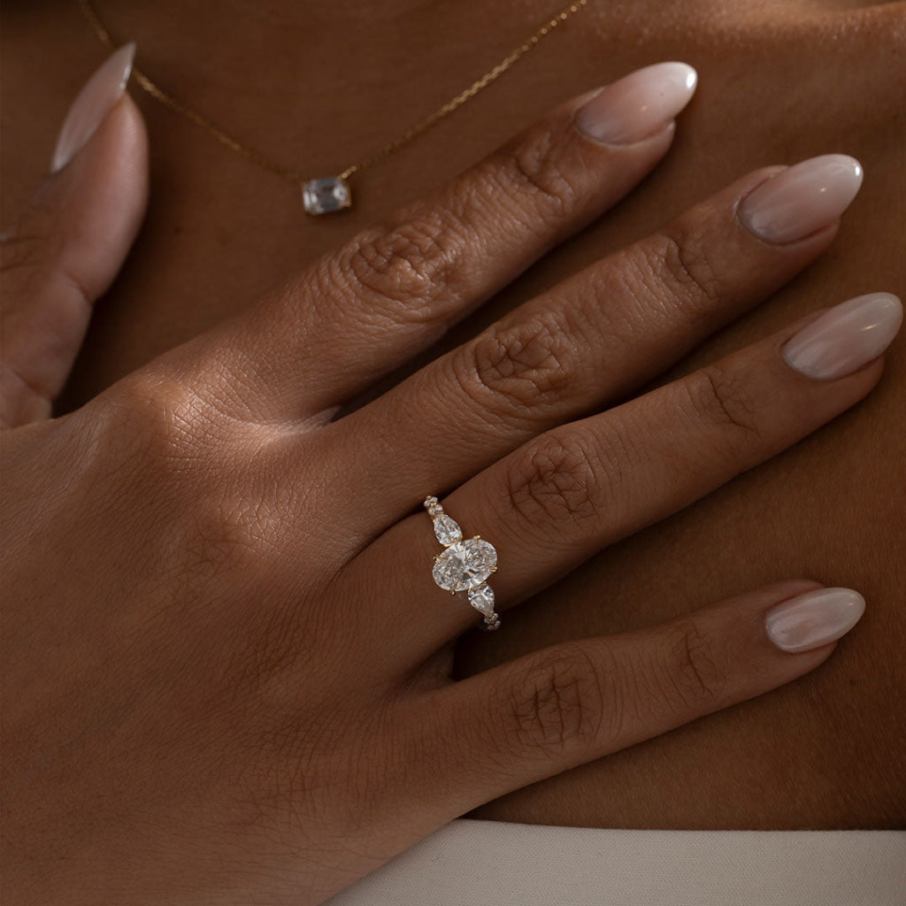 Three Stone & Dainty Pave-2.0 CT Oval Lab Grown Diamond Engagement Ring