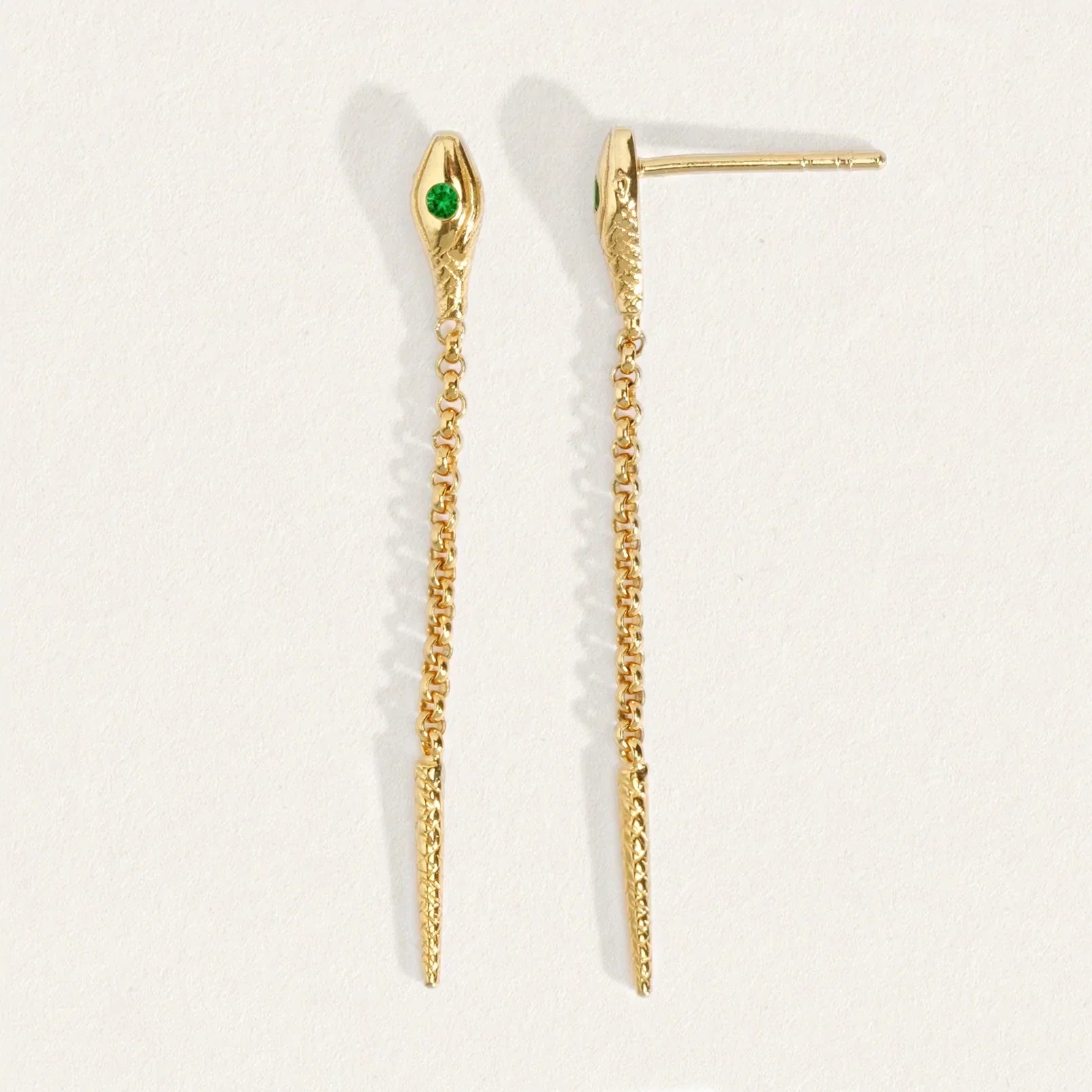 Golden Chain Drop Earrings with Emerald Accents