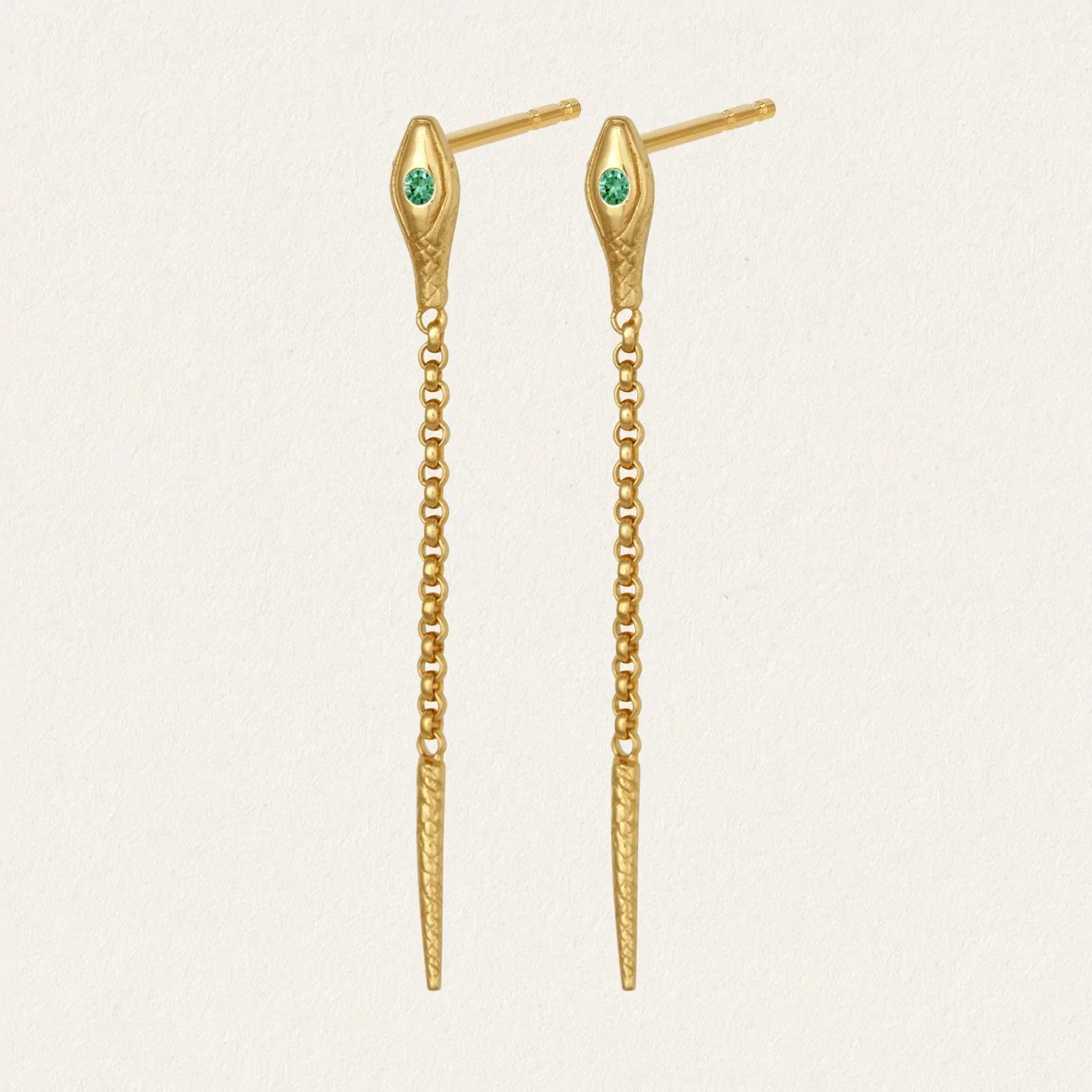 Golden Chain Drop Earrings with Emerald Accents