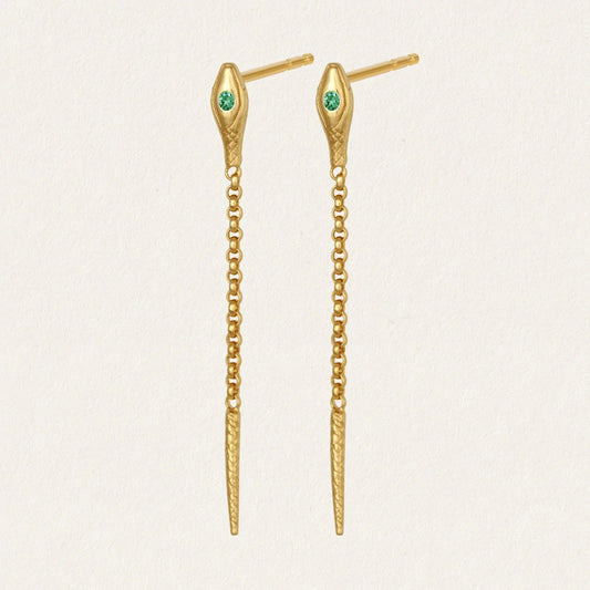 Golden Chain Drop Earrings with Emerald Accents