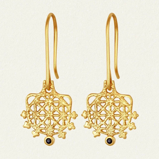 Exquisite 0.1 CT Black Sapphire Gold Filigree Drop Earrings